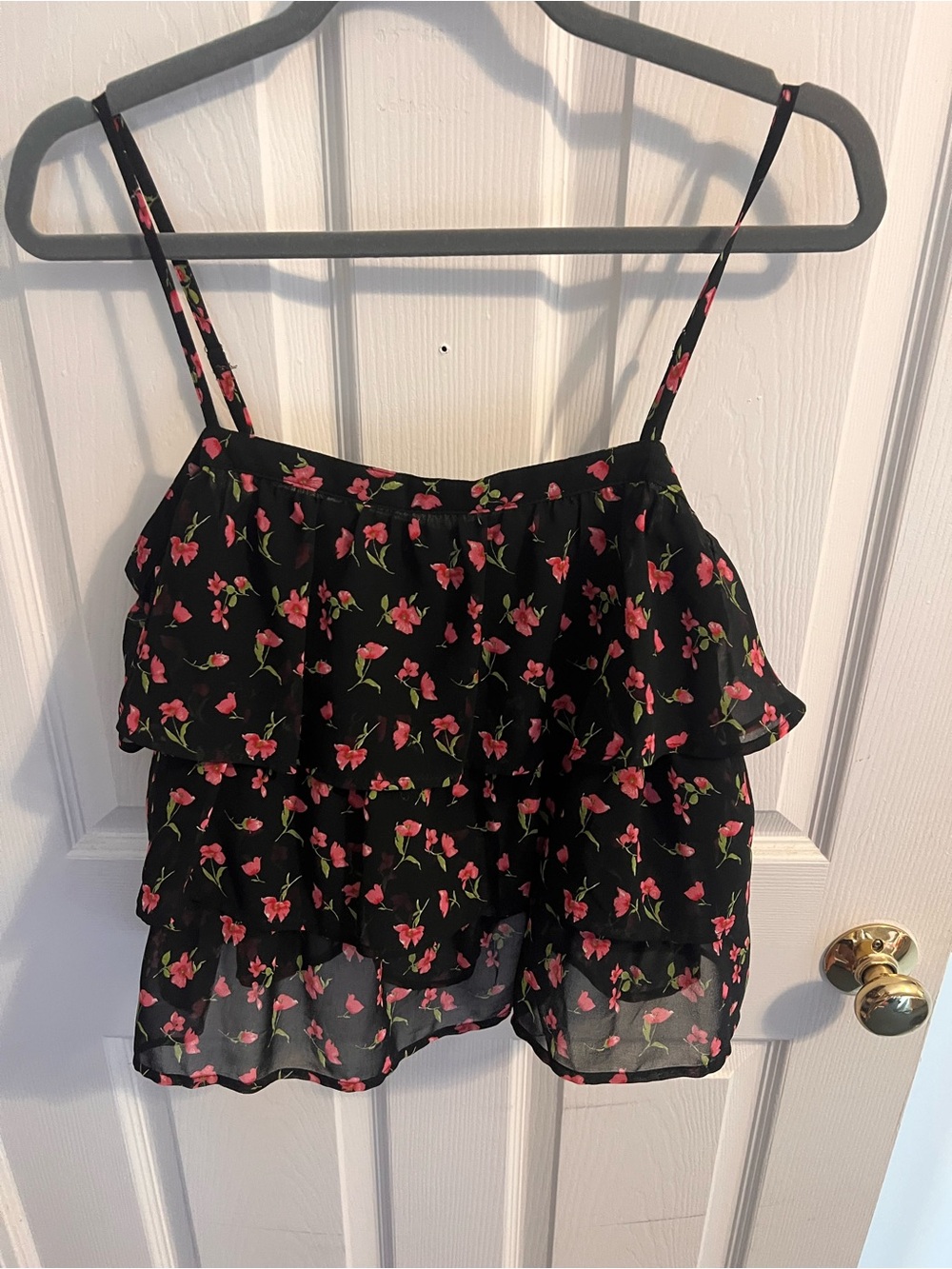 Forever 21 Black Floral Ruffle Tank with Pink Blossoms